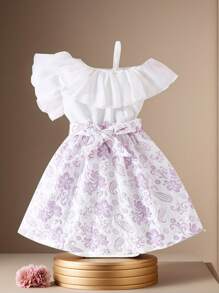 SHEIN Young Girl Fashionable Ruffle Edge Top And Floral Print Skirt Set For Summer - Multicolor - View 1