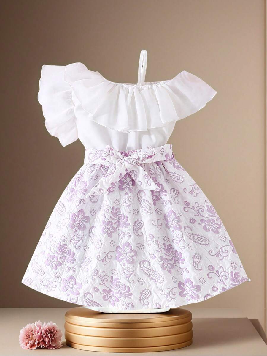 SHEIN Young Girl Fashionable Ruffle Edge Top And Floral Print Skirt Set For Summer - Multicolor - View 1