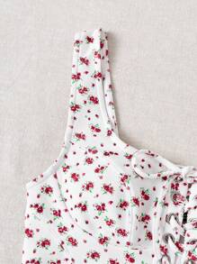 Soleia Leisure Vacation Cami Top With Ditsy Floral Printed, Metal Ring Eyelet Details And Cross Straps - Multicolor - View 6