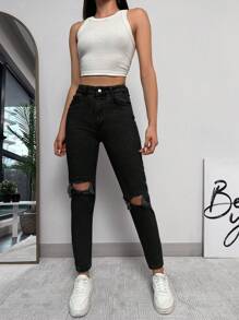 EURMUSE Ripped High Waist Skinny Jeans - Black - View 3