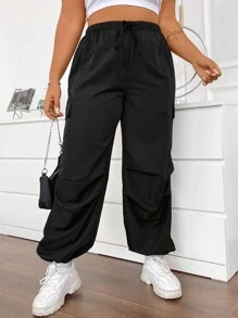 Flirla Kích thước lớn Đơn giản Đen Eo dây rút Làm việc Quần - màu đen - Xem 1