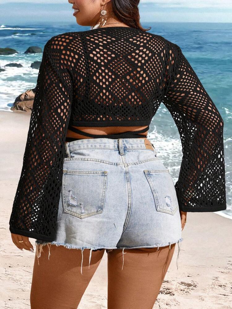 Plus Size Women's Fashionable Minimalist Hollow Out Tie-Front Knit Cardigan Fall Cloth For Women