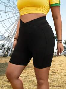 SHEIN EZwear Plus Size Women's Asymmetric Waist Casual Cycling Pants With Pockets - Black - View 4