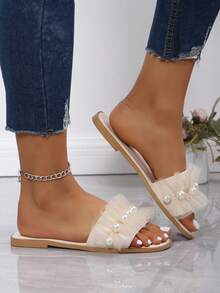 Sandale plate de plajă din plasă cu perle Decor - Bej - Vizualizare 2