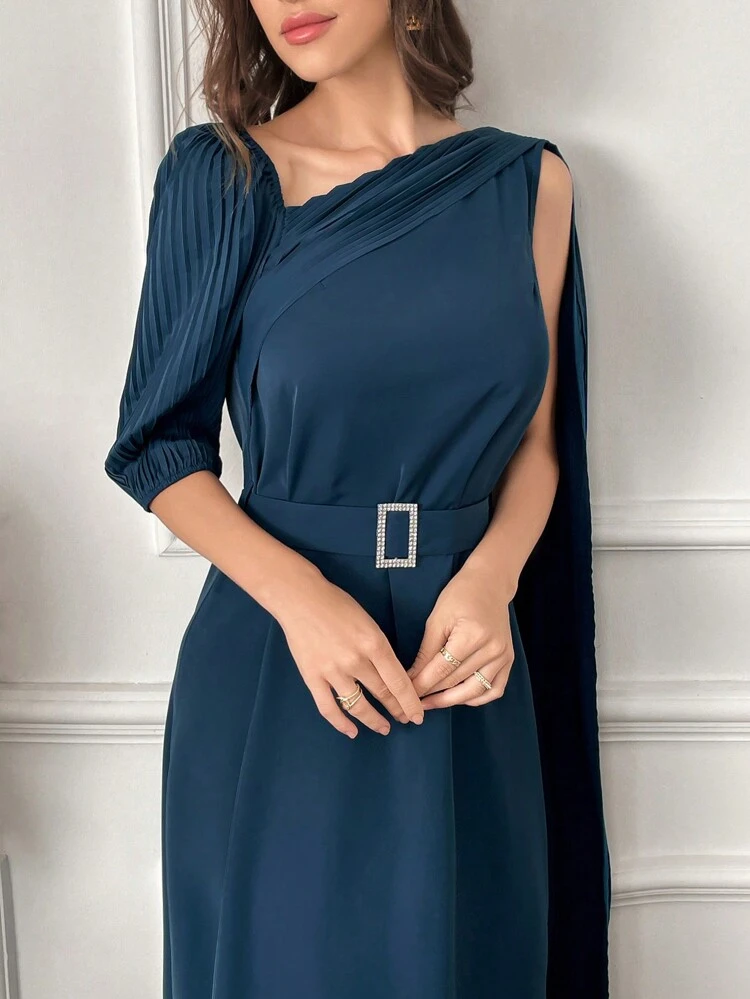 Women's Asymmetric Neck Patchwork Ribbon Detail Dress Long Evening Dresses