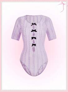 SHEINNeu Summer Kawaii Ballet Bow Sheer Lace Lavender Bodysuit - Mauve Purple - View 1