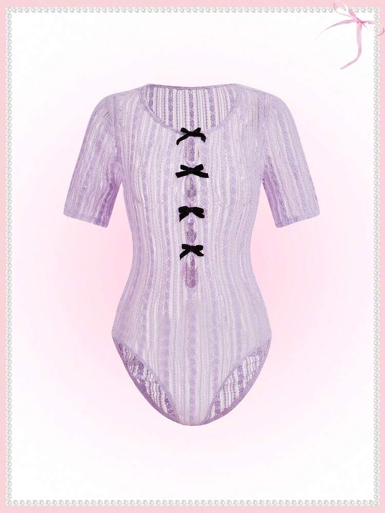 Summer Kawaii Ballet Bow Sheer Lace Lavender Bodysuit