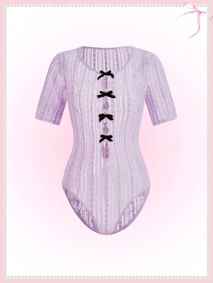 SHEINNeu Summer Kawaii Ballet Bow Sheer Lace Lavender Bodysuit - Mauve Purple - View 1