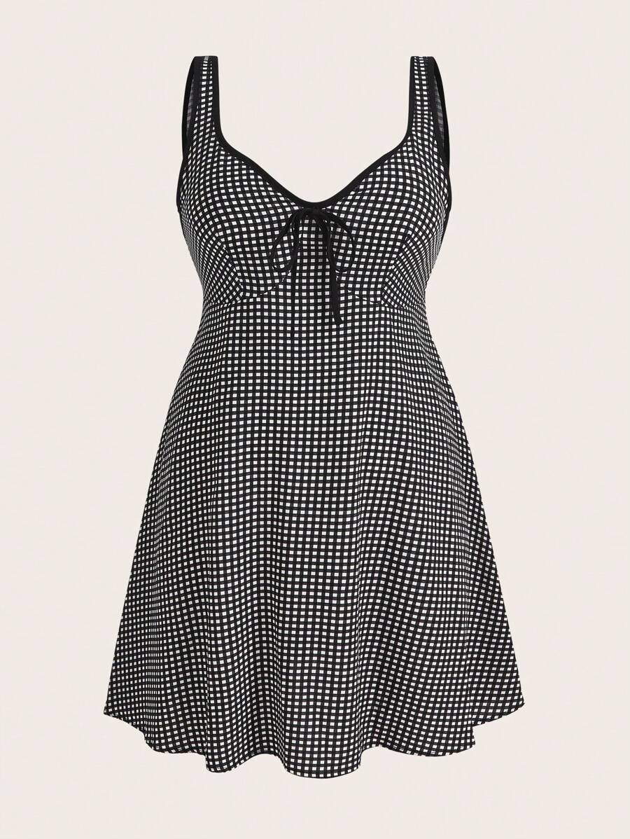 SHEIN MOD Của phụ nữ Kích thước lớn Họa tiết Lưới Dây thắt lưng Đầm - Đen và trắng - Xem 1