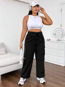 Flirla Pantalones De Carga Para Mujer De Tallas Grandes unicolor Con Cintura Plegable - Negro - Ver 6