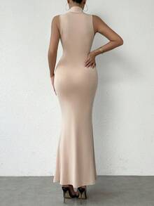 SHEIN Privé Quý cô Đơn giản Cái cổ Đuôi cá Hem Đầm - Màu Khaki - Xem 2