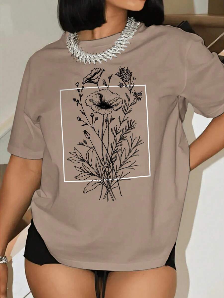 INAWLY 大码女式花卉印花短袖 T 恤图案 T 恤女式上衣 - 卡其色 - 查看 1