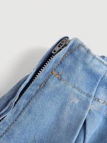 SHEIN Teen Girl Y2K Metallic Solid Washed Pleated Denim Skirt, Girls Spring Summer Clothes Outfits - Light Wash - View 4