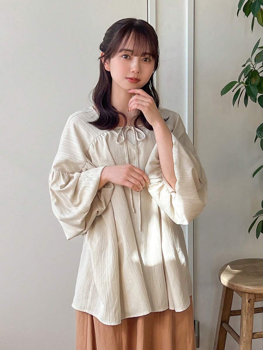 FRIFUL 女式綁帶前扣v領擴袖襯衫 - 白色 - 查看 1