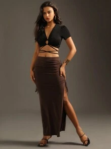 Zolique Saia de suéter sexy plissada lateral - Café - Visão 5
