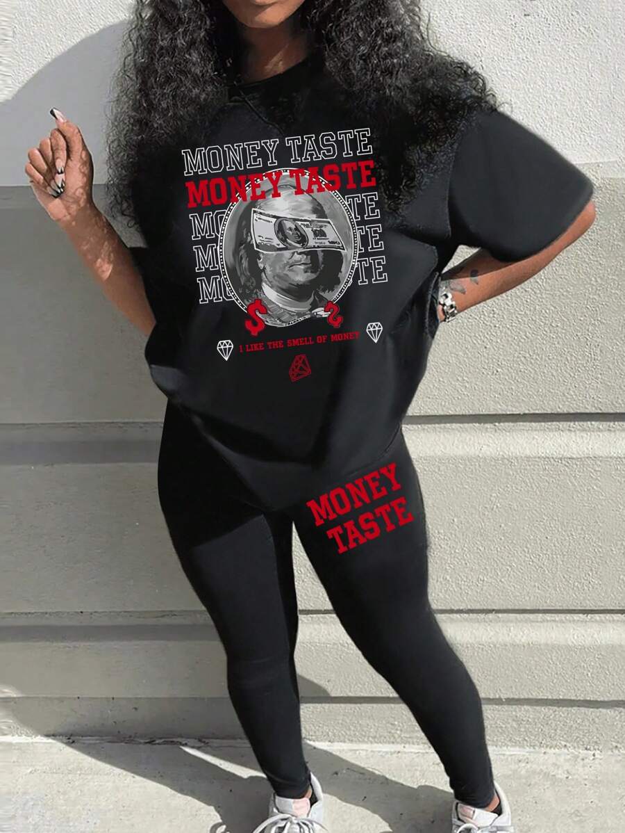 BamGleam 時尚圓領人像和字母印花休閒短袖上衣和褲裝套裝
