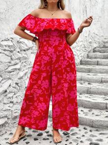 Breezaya Plus Size Vacation Style Floral Print Off-Shoulder Wide Leg Jumpsuit For New Year Clothes - Red - View 2
