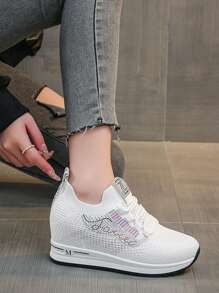 Women's Platform Wedge Sneakers With Mesh Upper, Breathable, Rhinestone Decoration And Hidden High Heel - White - View 3