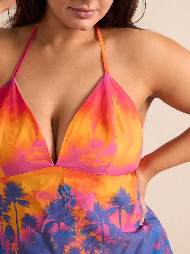 Plus Size Women's Palm Tree Printed Halter Neck Tie Tank Top