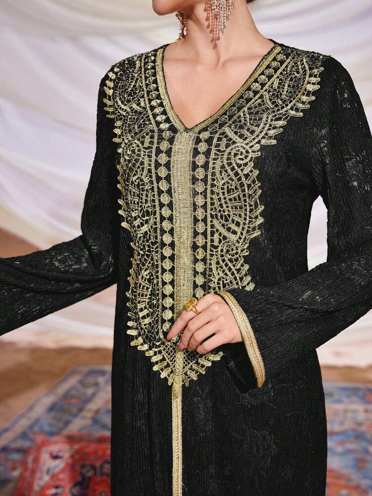 Woven Ribbon Patchwork Embossed Long Dress