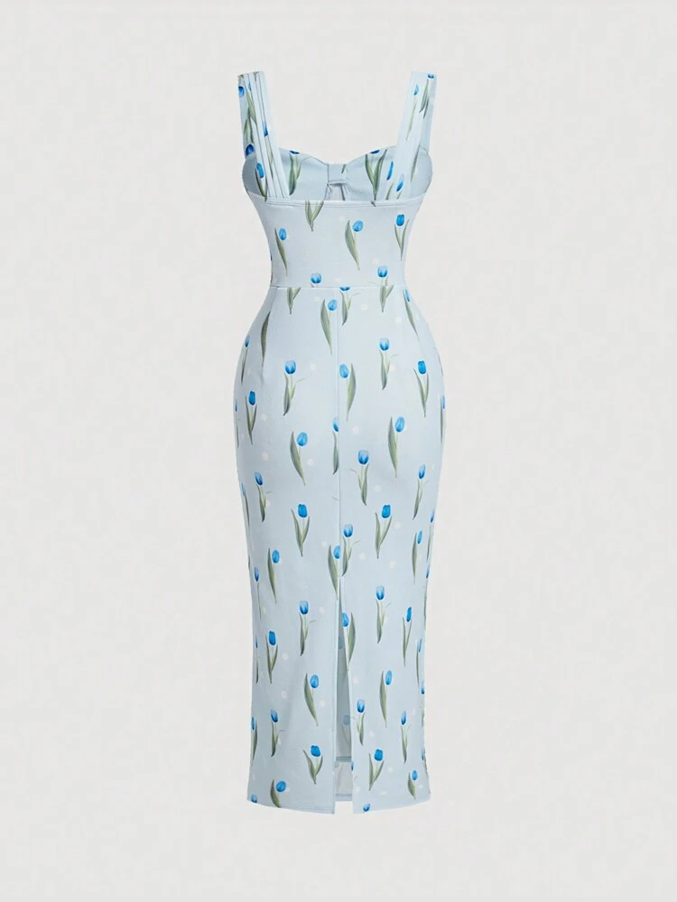 Women's Floral Printed Twist Detail Spaghetti Strap Dress