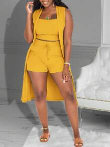 Slaydiva Bộ áo len cardigan không tay và quần short thường ngày Slayr cỡ lớn 3 món, mùa hè - Màu vàng - Xem 1
