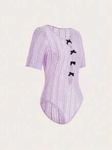 SHEINNeu Summer Kawaii Ballet Bow Sheer Lace Lavender Bodysuit - Mauve Purple - View 4
