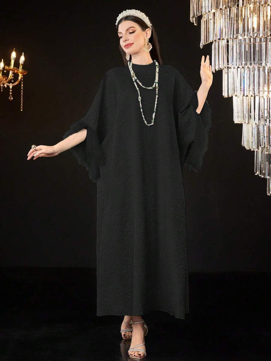 Al Najma Ladies' Solid Color Woven Jacquard Stand Collar Dress Kaftan Jalabiya Dress - Black - View 1