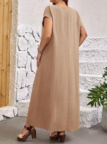 EMERY ROSE Plus Size Solid Color Loose Fit Round Neck Batwing Sleeve Dress - Khaki - View 2