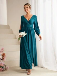 SHEIN Belle Surplice Neck Split Sleeve Bridesmaid Dress - Dark Green - View 3