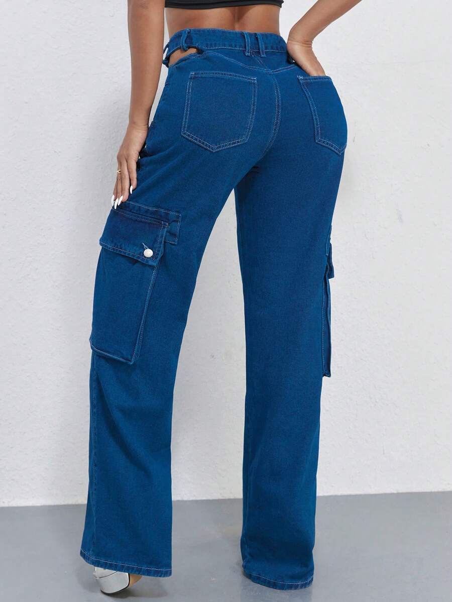 Women's Cargo-Style Denim Jeans With Pockets - Blue - View 1