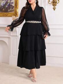 Modelyn Plus Size Women's Polka Dot Contrast Mesh Bishop Sleeve Long Summer Dress Long Evening Dresses