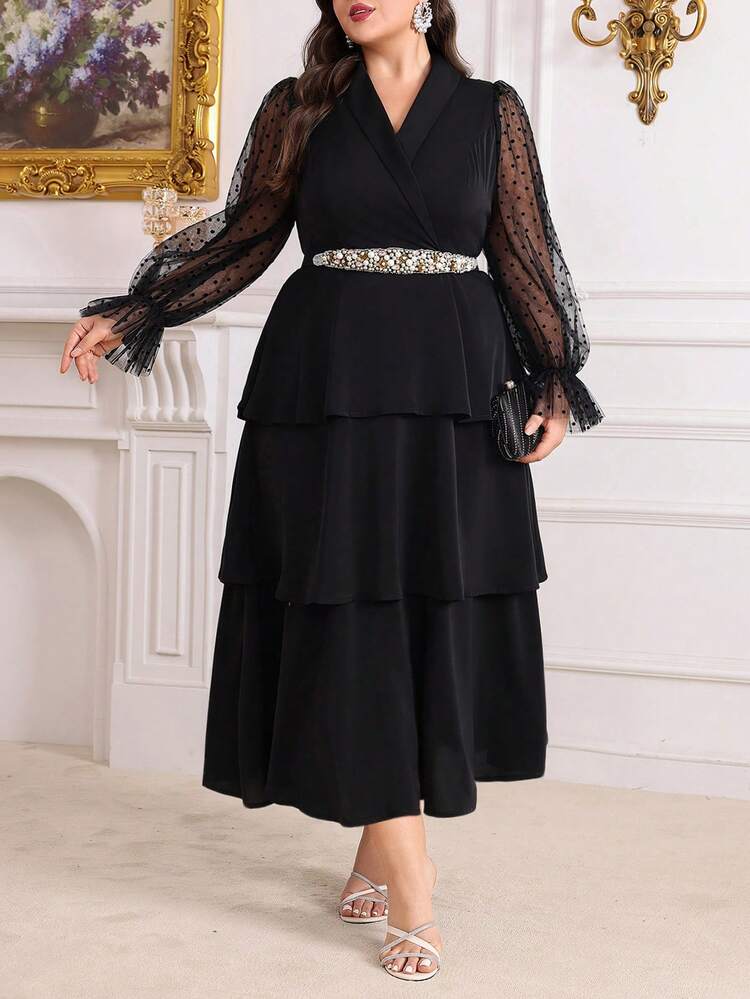 Plus Size Women's Polka Dot Contrast Mesh Bishop Sleeve Long Summer Dress Long Evening Dresses