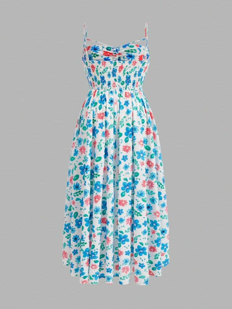 Designer Plus Size Women's Boho Bohemian Floral Flower Print Asymmetrical Hem A-Line Swing Cami Dress Outfit, Holiday Style, Summer Elegant Sundress For Party, Vacation, Spring, Beach, Festival, Ibiza Fits, Wedding Prom Dress, Brunch Outfits, Tea Party Dress