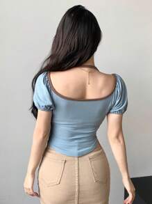 DAZY 女款彩塊雙肩頸露肩短袖t恤 - 藍色 - 查看 5