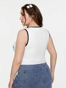 SHEIN Qutie Plus Size Knit Tops Rib-Knit Contrast Binding Bunga Huruf Casual - Putih - View 3