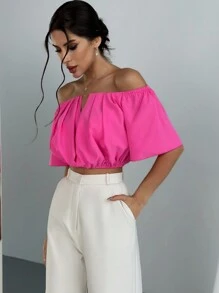 Aloruh Blusa de mujer con escote en V y hombros descubiertos, cintura marcada y mangas cortas