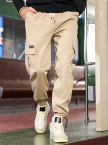 Manfinity Homme Men Drawstring Hem Pocket Side Cargo Trousers - Khaki - View 3