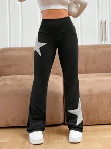 SHEIN EZwear Quần dài ống loe họa tiết ngôi sao đen Y2K dành cho nữ - màu đen - Xem 6