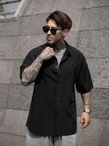 男士学院风美式短袖衬衫 - 黑色 - 查看 5