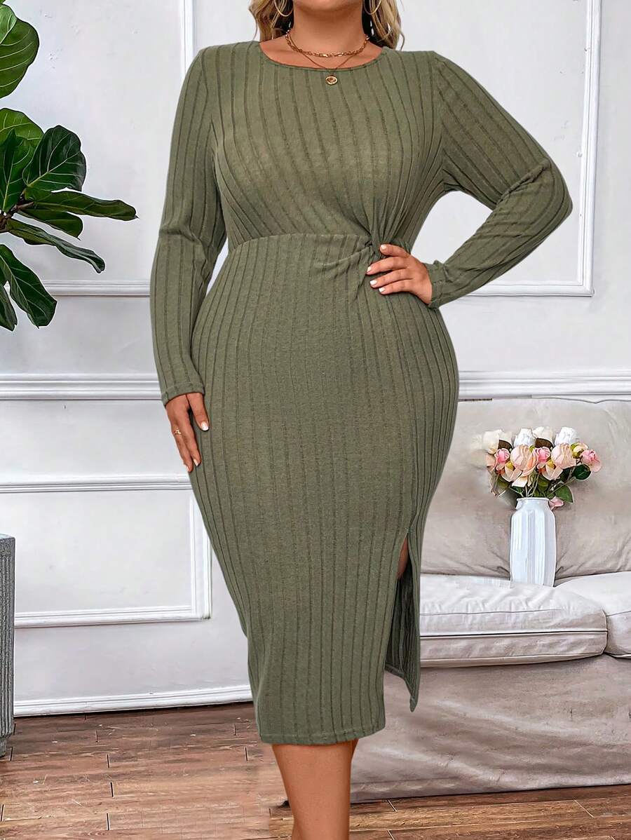 Celure Plus Twist Front Split Thigh Dress - Army Green - View 1