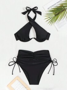 Swim Basics Conjunto de bikini de unicolor con soporte de acero incorporado para damas, conjunto de bikini de dos piezas con talle alto y aros, traje de baño, atuendo de playa, vacaciones de verano, playa de verano