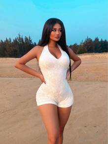 Zolique Women's Halter Neck Eyelet Tie Back Close-Fitting Romper Unitard For Holiday Party Clothes - White - View 4