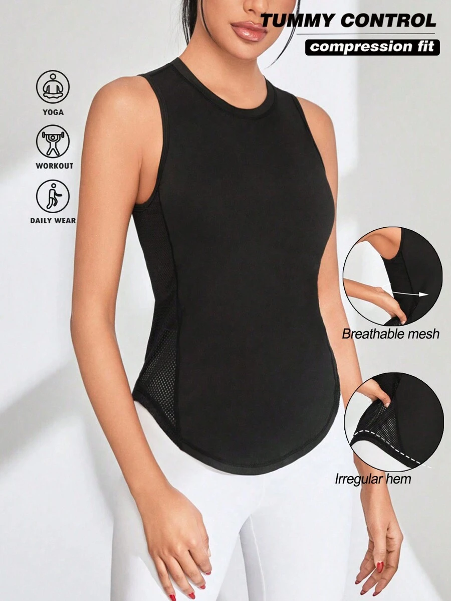 Easithlete 夏季純色對比網眼曲線下擺運動背心 - 黑色 - 查看 1