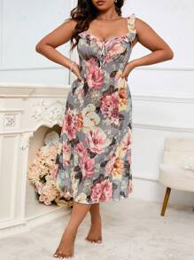 Plus Floral Print Ruffle Trim Knot Front Mesh Cami Pajama Nightdress - Multicolor - View 5