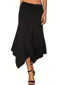 INAWLY Women's Solid Color Asymmetric Hem Skirt - Black - View 4