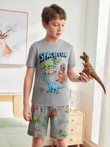 Tween Boy Round Neck Cartoon Printed T-Shirt And Shorts Home Clothes Set - Grey - View 5
