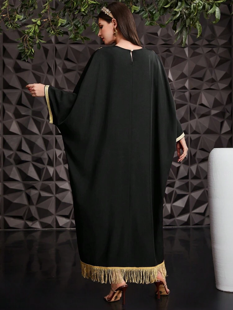 Loose Kaftan With Patchwork Weave Strap And Tassel Hem