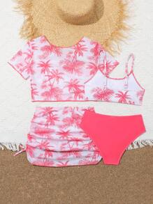 SHEIN Bộ Bikini Tween Girl In Hình Cây Dừa Có Áo Che Nắng & Váy, Bộ Đồ Tắm Tay Ngắn Trang Phục Đi Biển Kỳ Nghỉ Hè Bãi Biển Mùa Hè - Hồng - Xem 2