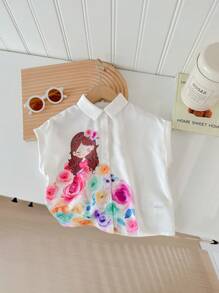 SHEIN LMoss Kids LMoss Young Girls' Loose Short Sleeve Shirt Top For Sporty Street Style, Spring & Summer - White - View 6